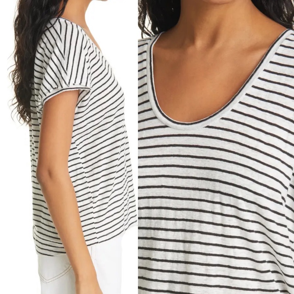 FRAME Black & White Striped Linen T-shirt, Medium